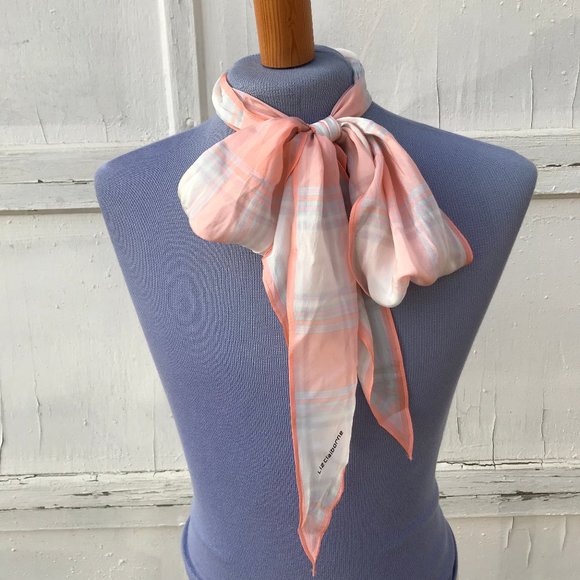 Liz Claiborne Coral Pink Plaid Silky Scarf Vintage Hair Bow Tie Headband 72" - Picture 3 of 7